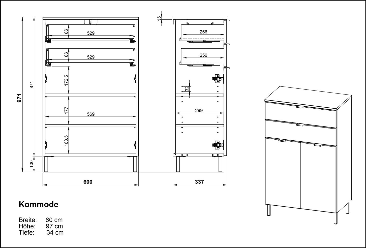 Kommode mit zwei Schubladen und zwei Türen, Maße: Breite 60 cm, Höhe 97 cm, Tiefe 34 cm, perspektivische Ansicht von vorne.
