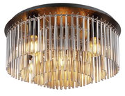 Nahaufnahme einer eleganten Deckenleuchte GORLEY mit hängenden Metallstäben und sichtbaren Glühbirnen, von unten betrachtet.