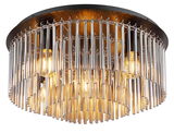Nahaufnahme einer eleganten Deckenleuchte GORLEY mit hängenden Metallstäben und sichtbaren Glühbirnen, von unten betrachtet.