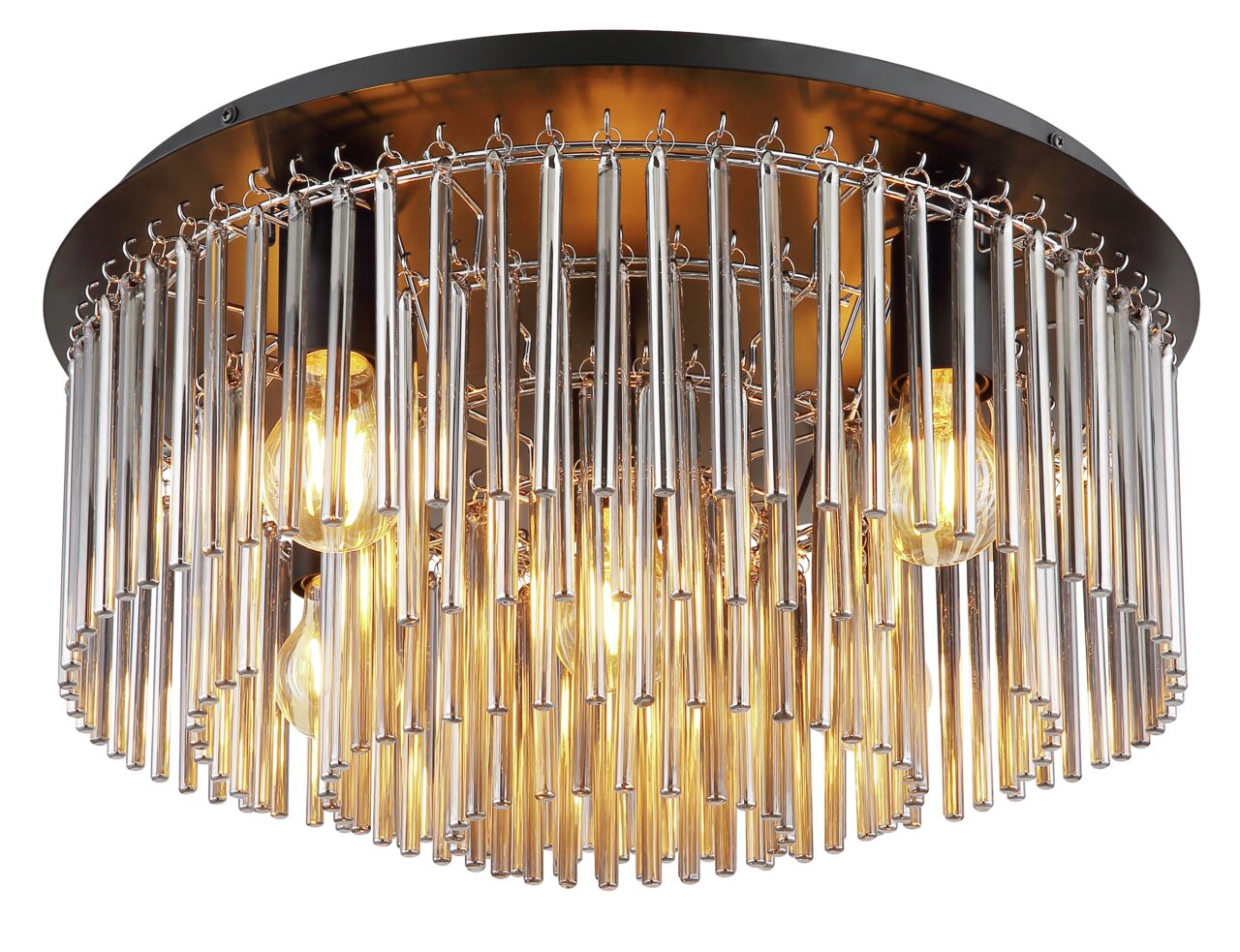 Nahaufnahme einer eleganten Deckenleuchte GORLEY mit hängenden Metallstäben und sichtbaren Glühbirnen, von unten betrachtet.