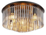 Nahaufnahme einer eleganten Deckenleuchte GORLEY mit hängenden Metallstäben und sichtbaren Glühbirnen, von unten betrachtet.