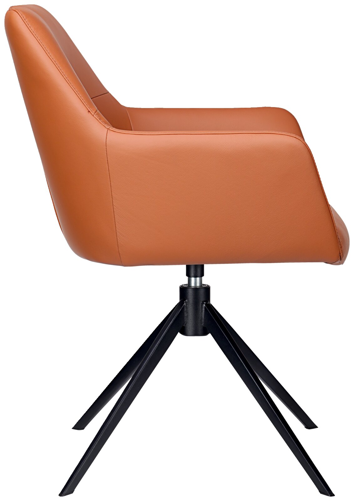 Zijaanzicht van een moderne fauteuil met bruine lederen bekleding en een zwart metalen frame.