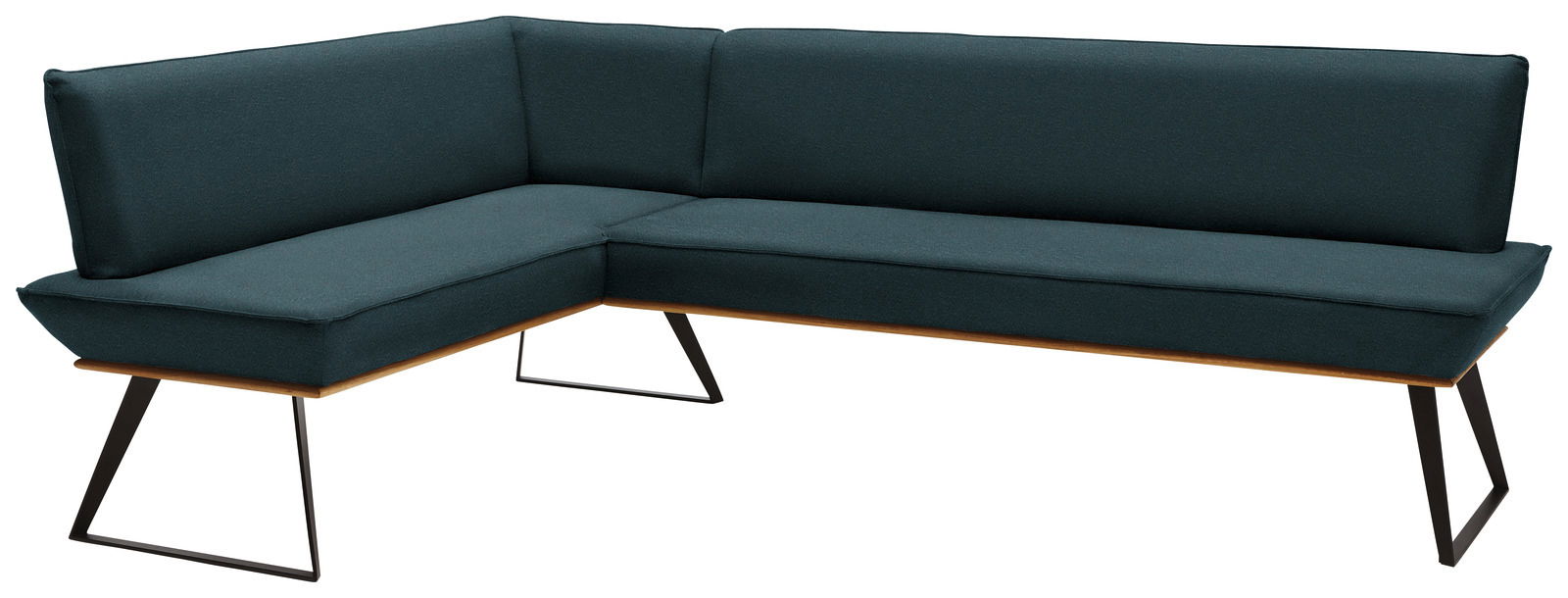 Voleo Eckbank MALIBU Moderne Eckbank in dunklem Stoffbezug mit Metallbeinen, Perspektive von vorne links