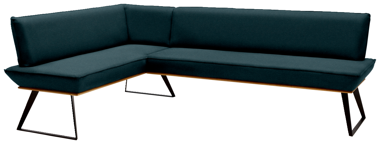 Voleo Eckbank MALIBU Moderne Eckbank in dunklem Stoffbezug mit Metallbeinen, Perspektive von vorne links