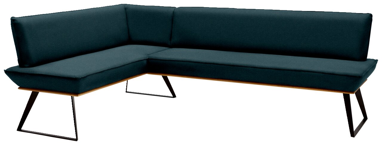 Voleo Eckbank MALIBU Moderne Eckbank in dunklem Stoffbezug mit Metallbeinen, Perspektive von vorne links