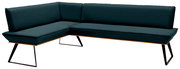 Moderne Eckbank in dunklem Stoffbezug mit Metallbeinen, Perspektive von vorne links