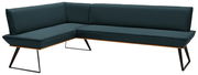 Moderne Eckbank in dunklem Stoffbezug mit Metallbeinen, Perspektive von vorne links