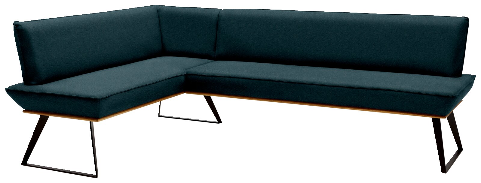 Voleo Hoekbank MALIBU Moderne hoekbank met donkere stoffen bekleding en metalen poten, gezien vanaf de linkervoorzijde