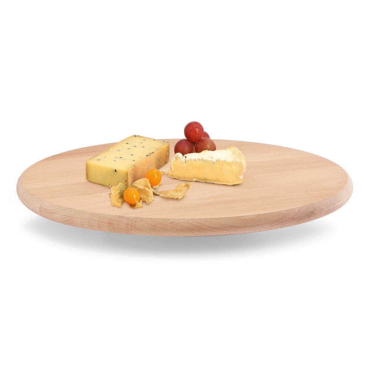 Rundes Drehkabinett aus Holz mit Käse, Trauben und Physalis, seitliche Perspektive