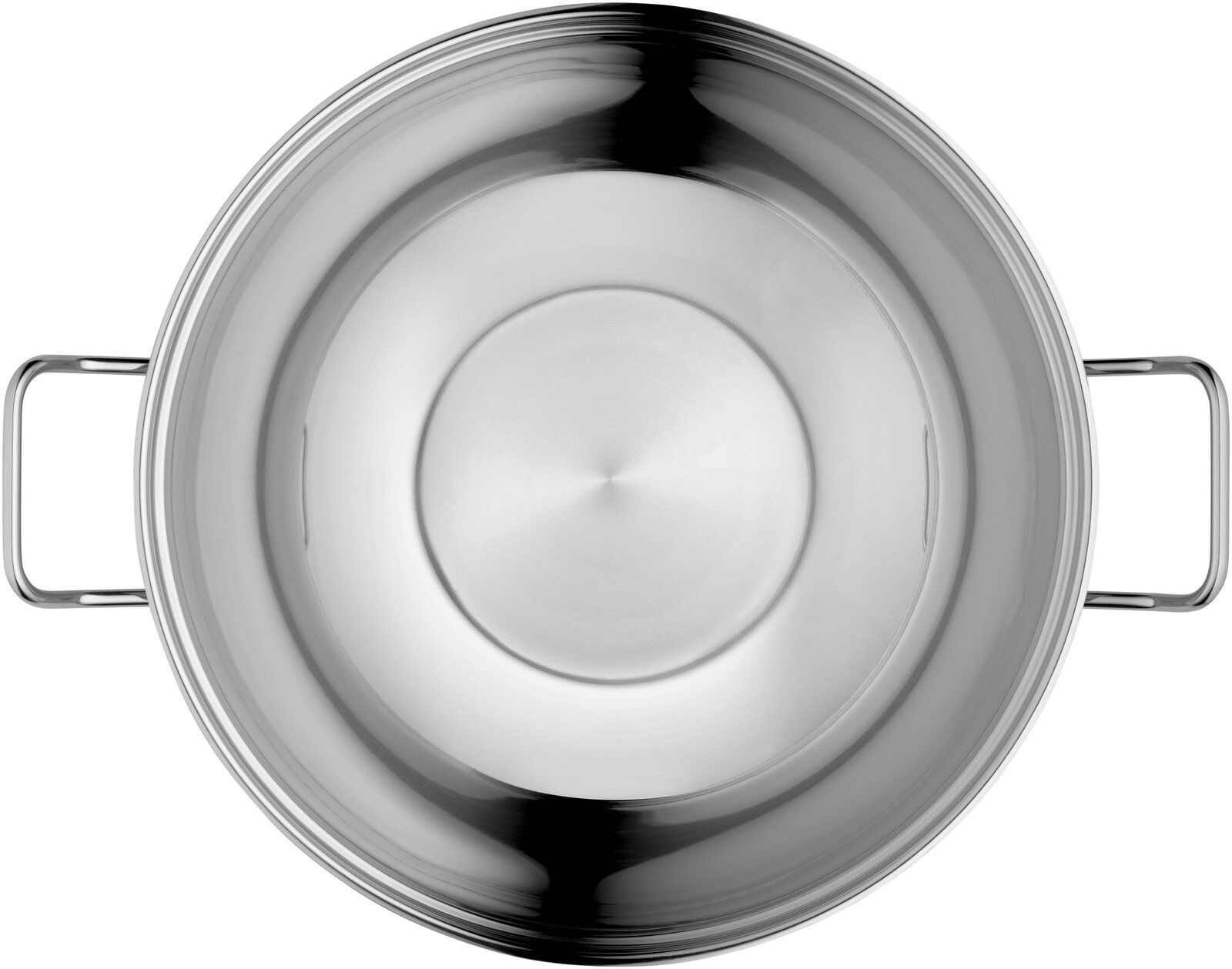Ansicht von oben auf einen Edelstahl-Wok mit zwei Griffen, glänzende Oberfläche.