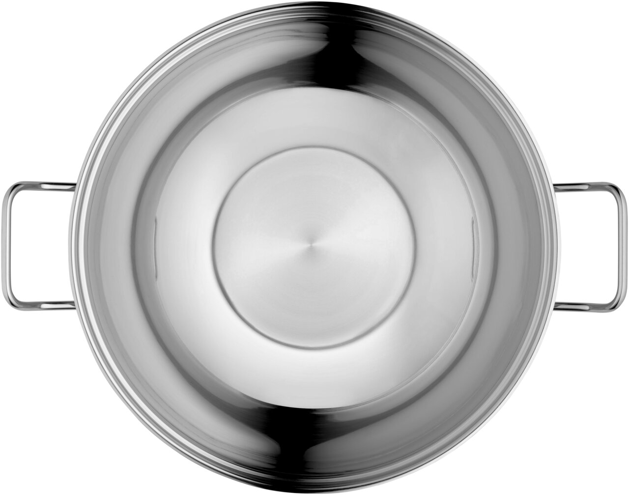 Ansicht von oben auf einen Edelstahl-Wok mit zwei Griffen, glänzende Oberfläche.