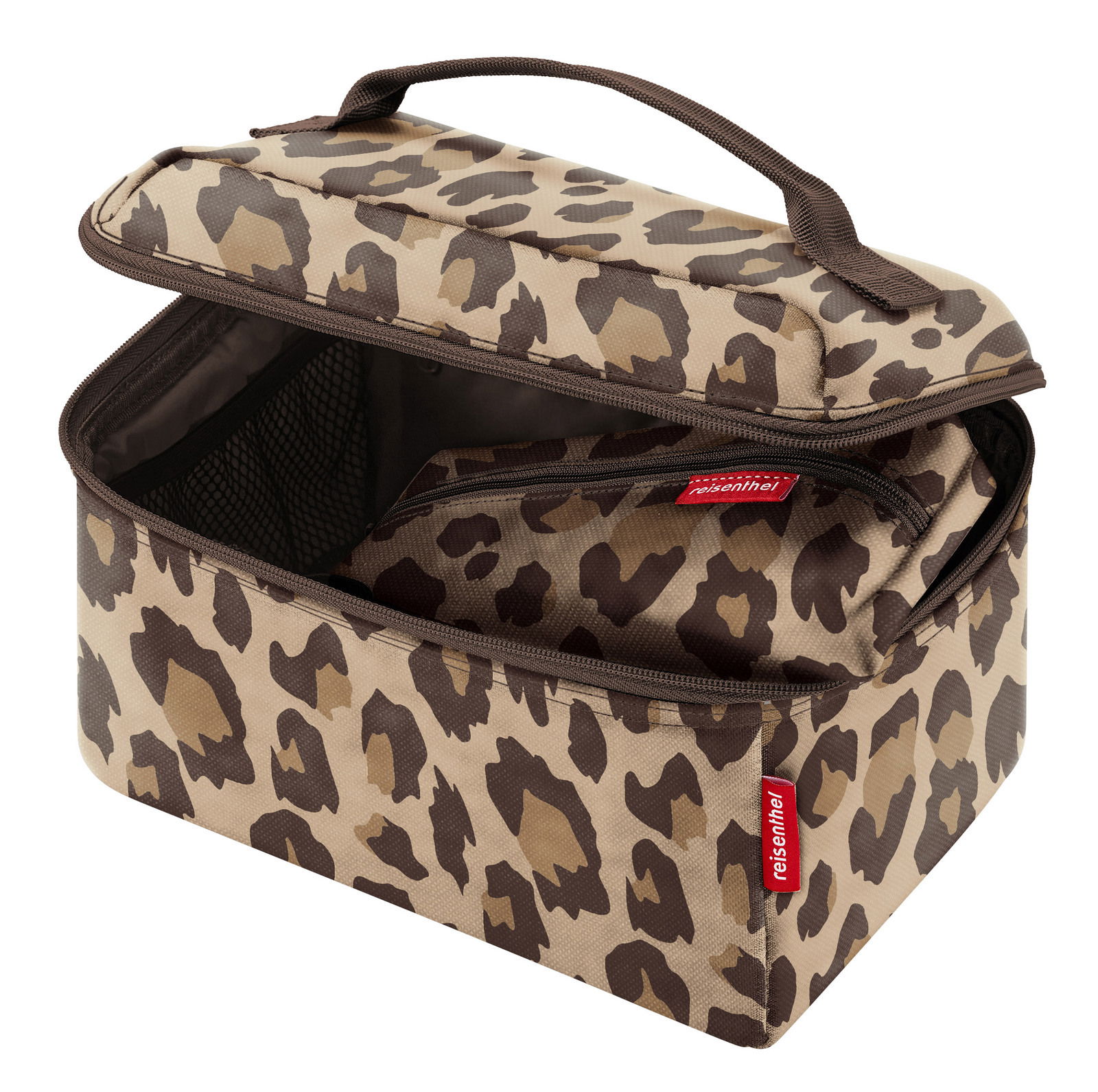 Geöffnete Beautycase mit Leopardenmuster, seitliche Perspektive