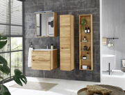 Moderner Waschtischunterschrank aus Holz in einem stilvollen Badezimmer, frontal betrachtet.