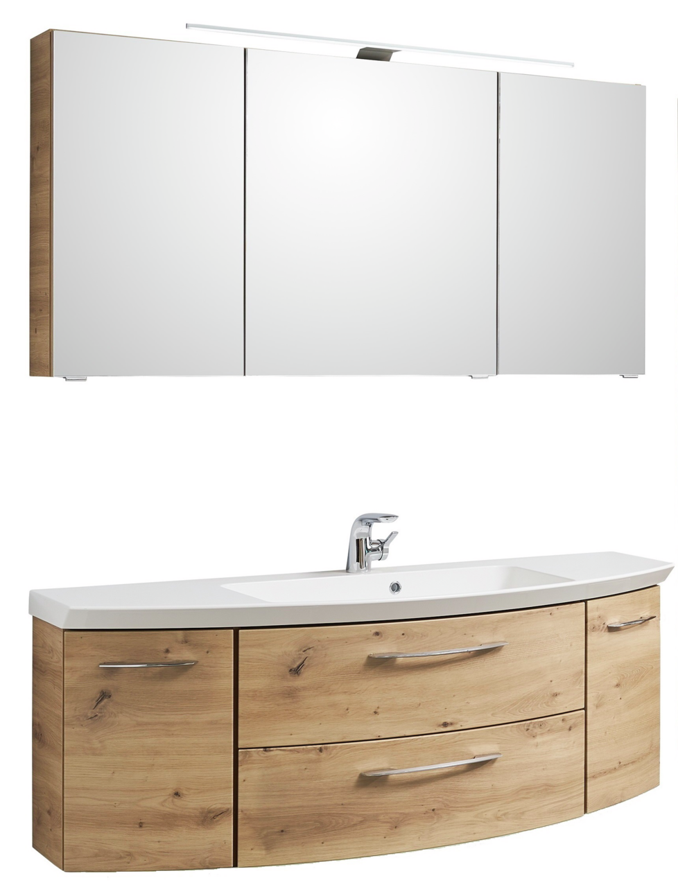 Badezimmerkombination in Holzoptik mit Spiegelschrank und Waschbeckenunterschrank, Frontalansicht