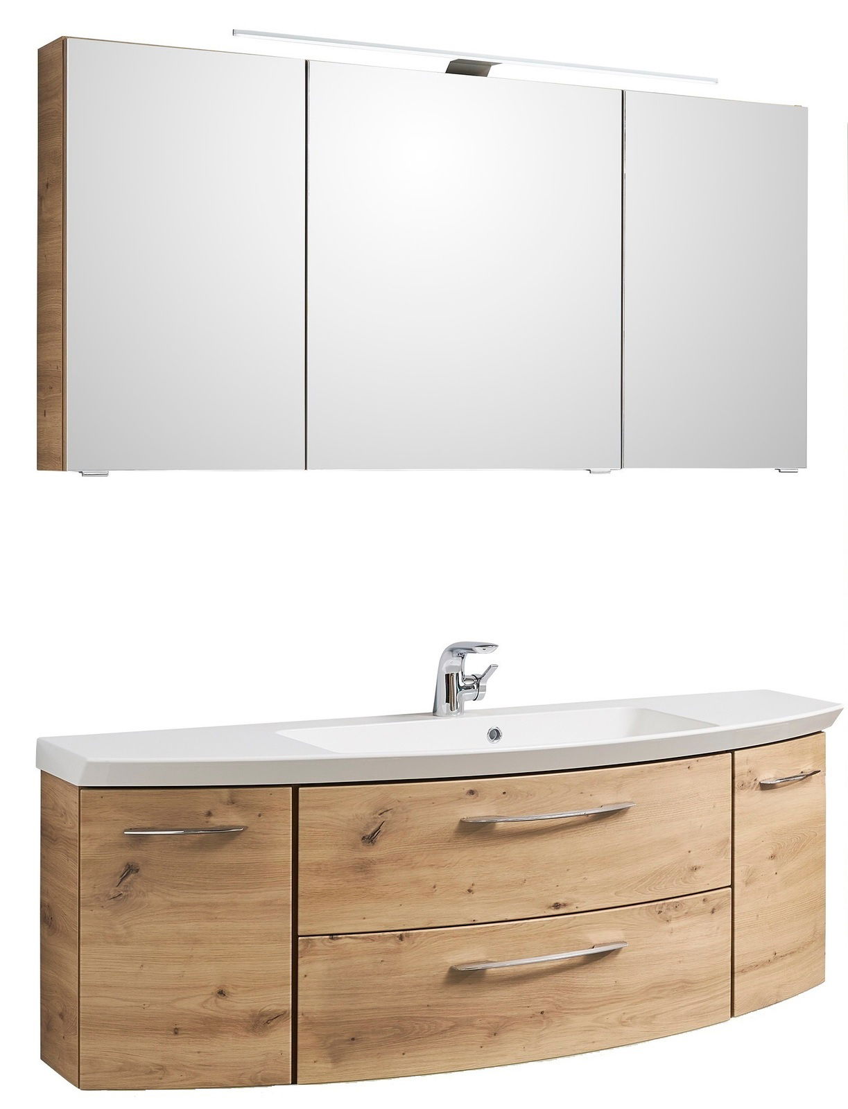 Badezimmerkombination in Holzoptik mit Spiegelschrank und Waschbeckenunterschrank, Frontalansicht