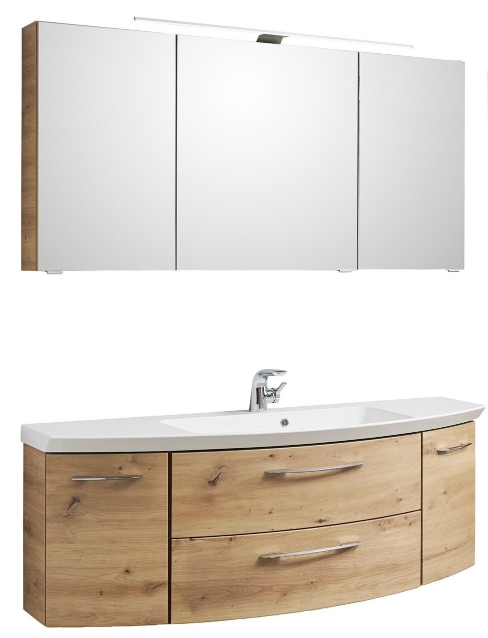 Badezimmerkombination in Holzoptik mit Spiegelschrank und Waschbeckenunterschrank, Frontalansicht