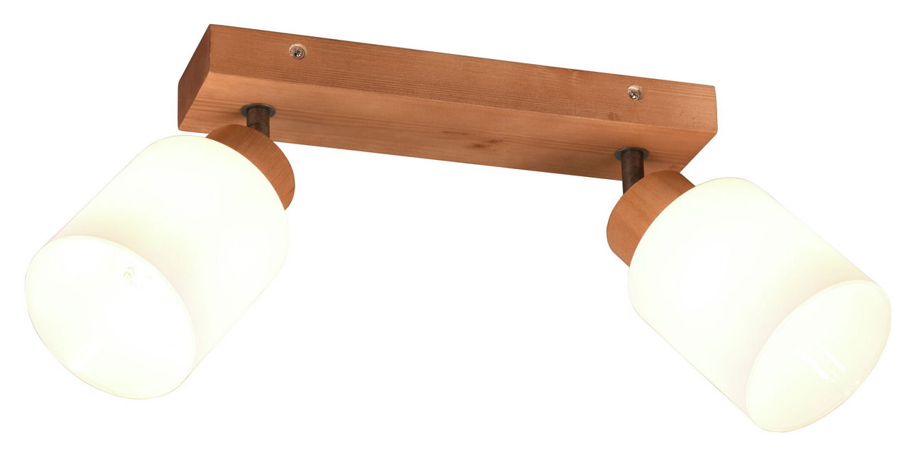 Zweiflammiger Deckenstrahler Assam aus Holz und Glas, seitliche Perspektive