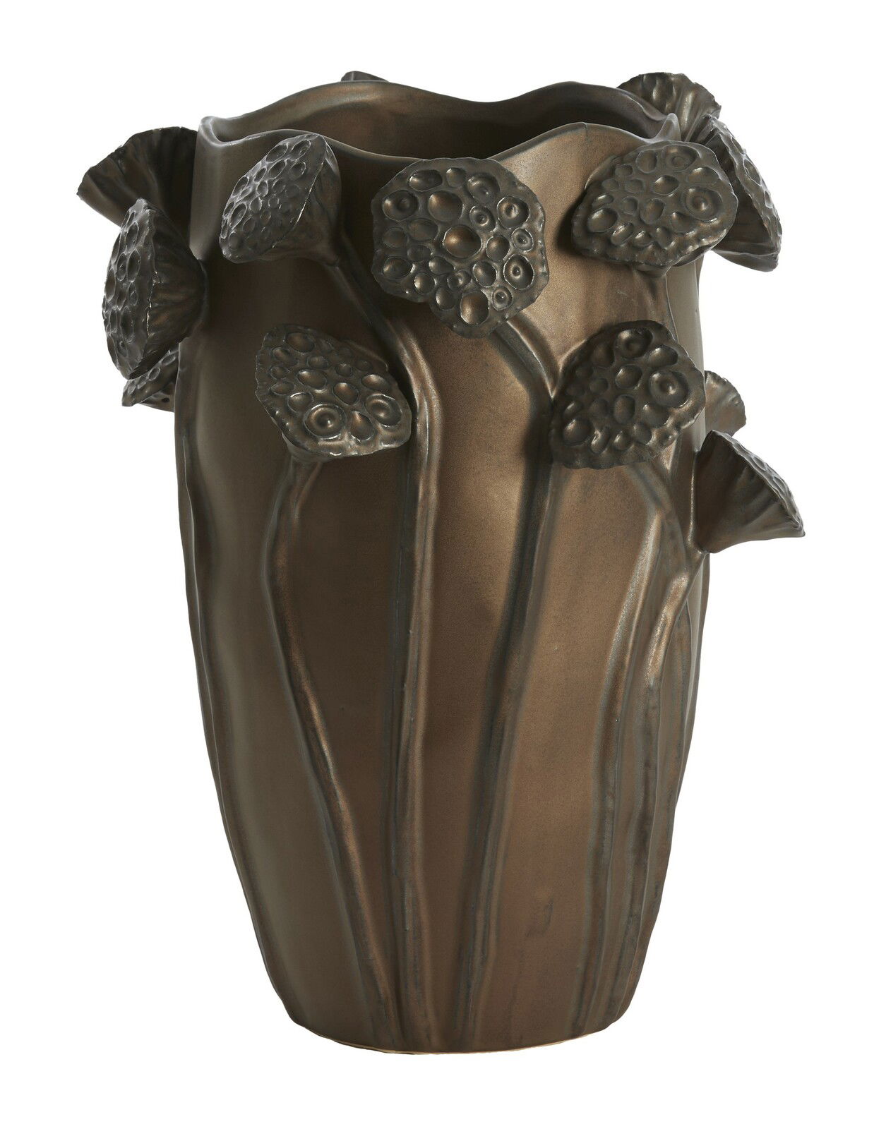 Bronzefarbene Vase mit erhabenen, blütenartigen Verzierungen, seitliche Perspektive