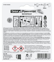 Rückseite der Verpackung von tesa Powerstrips Waterproof, zeigt Anwendungshinweise und Sicherheitsinformationen.