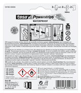Rückseite der Verpackung von tesa Powerstrips Waterproof, zeigt Anwendungshinweise und Sicherheitsinformationen.