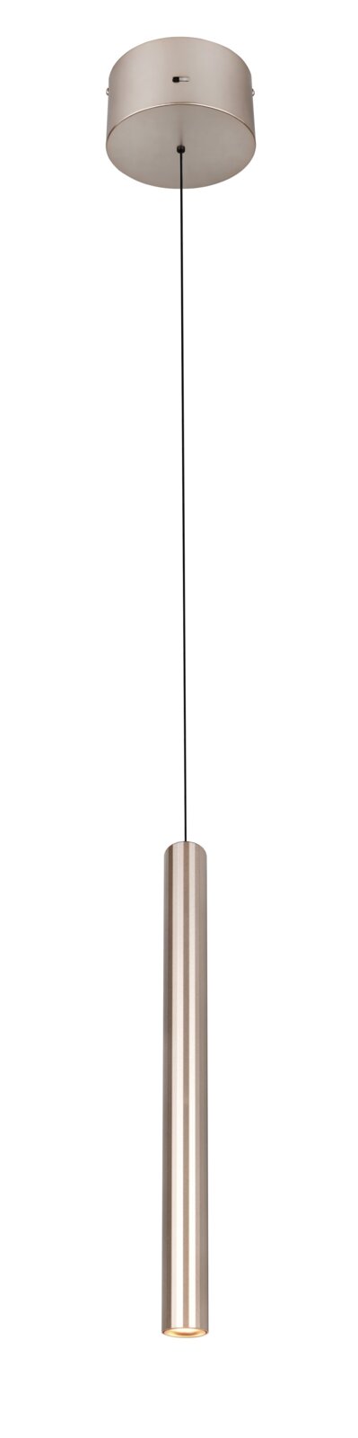 Trio Leuchten LED-Hängeleuchte ARIMATO Zylindrische Pendelleuchte in gebürstetem Metall mit langem Kabel und runder Deckenhalterung, frontale Ansicht