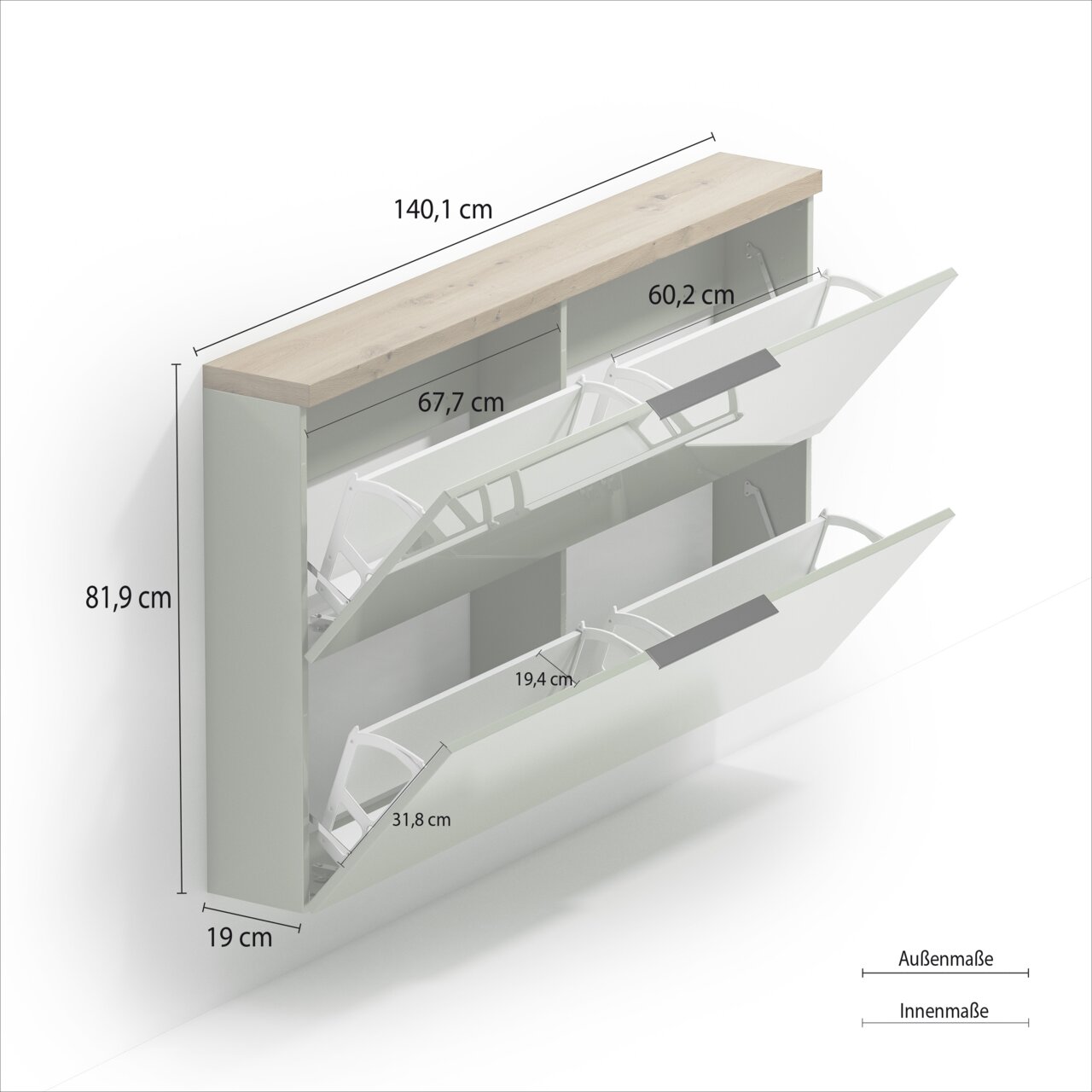 Hängeschuhschrank mit zwei Klappen, Holzoberfläche, Maße: 140,1 cm Breite, 81,9 cm Höhe, 19 cm Tiefe, seitliche Perspektive