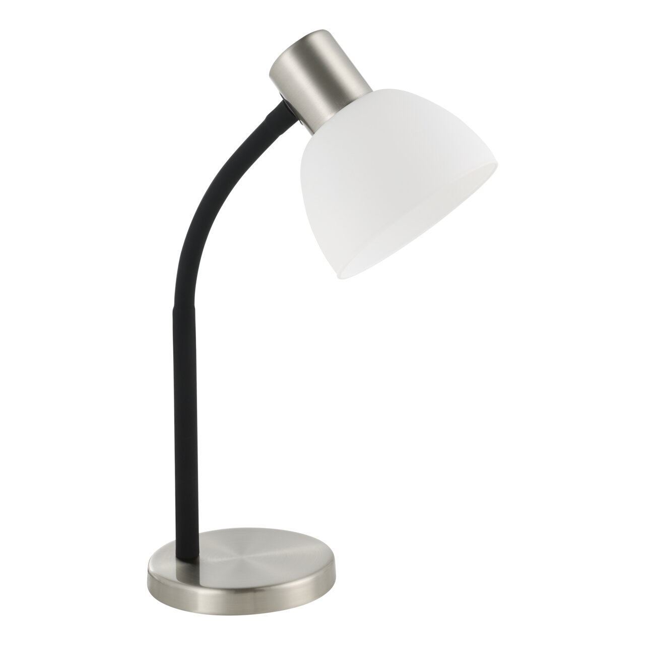 Eglo Leuchten Tischleuchte MACERE Moderne Tischleuchte MACERE mit gebogenem schwarzem Arm und weißem Lampenschirm, seitliche Perspektive