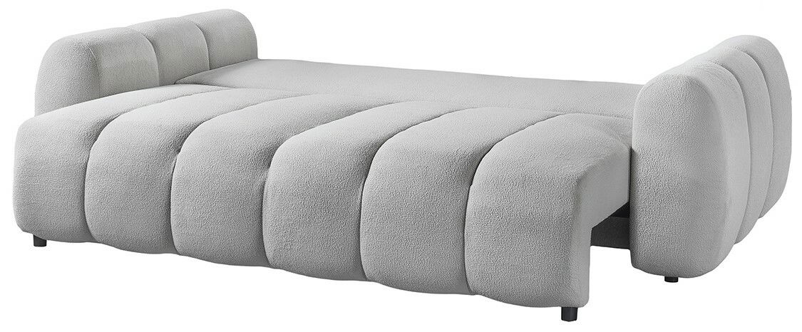 Graues Funktionssofa in seitlicher Perspektive mit abgerundeten Kanten und gepolsterten Armlehnen.