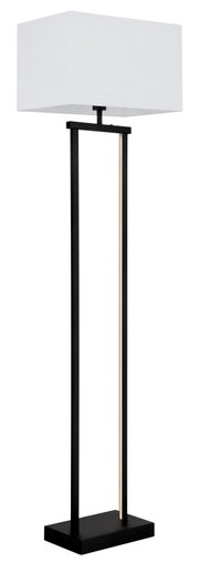 Moderne schwarze Tischlampe mit rechteckigem weißem Stoffschirm und schlankem Rahmen auf quadratischem Sockel, Produktansicht schräg von vorne (3/4-Perspektive)