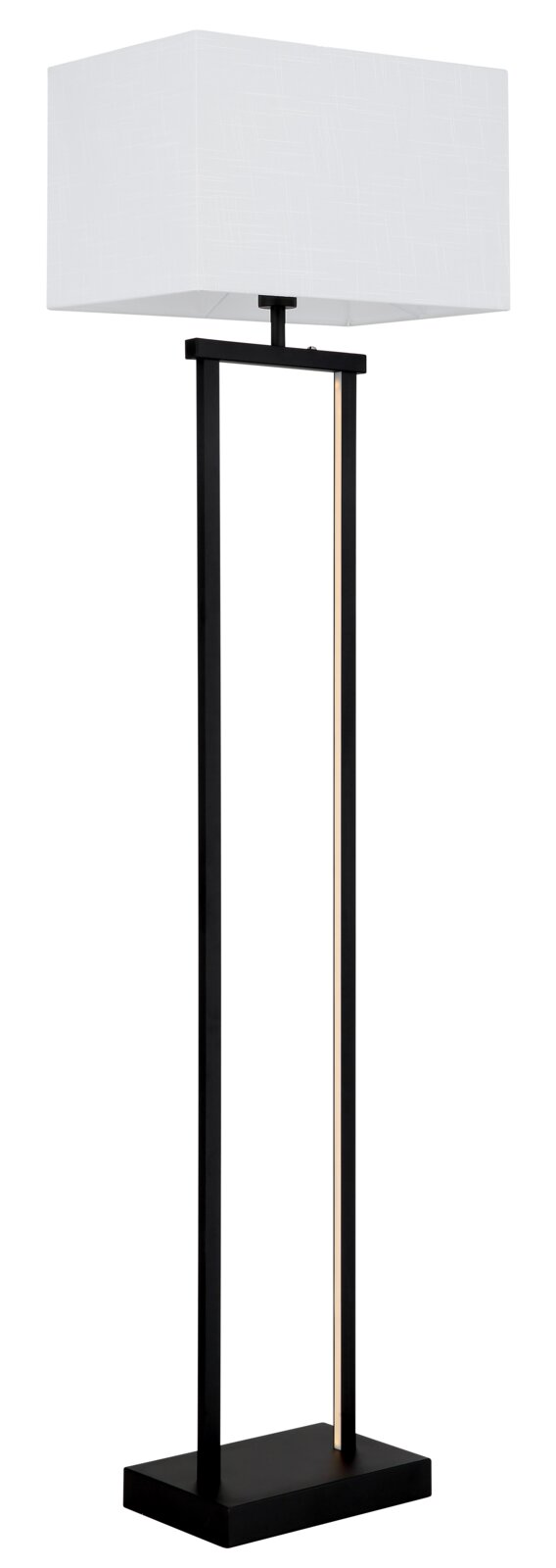 Moderne schwarze Tischlampe mit rechteckigem weißem Stoffschirm und schlankem Rahmen auf quadratischem Sockel, Produktansicht schräg von vorne (3/4-Perspektive)
