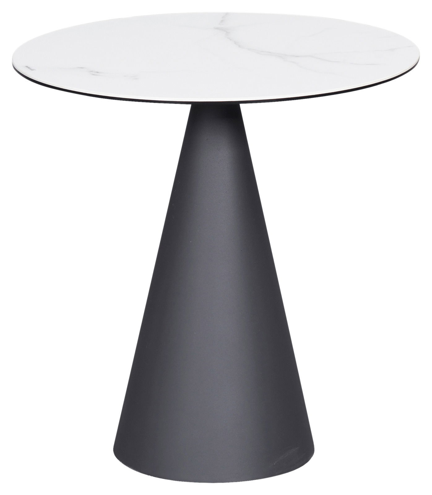 Moderner Beistelltisch mit weißer runder Tischplatte und konischem, dunkelgrauem Fuß, seitliche Perspektive.