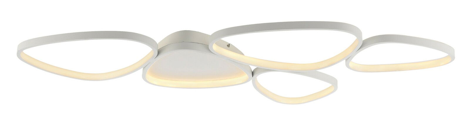 Moderne Deckenleuchte mit fünf geschwungenen, leuchtenden Elementen in Draufsicht