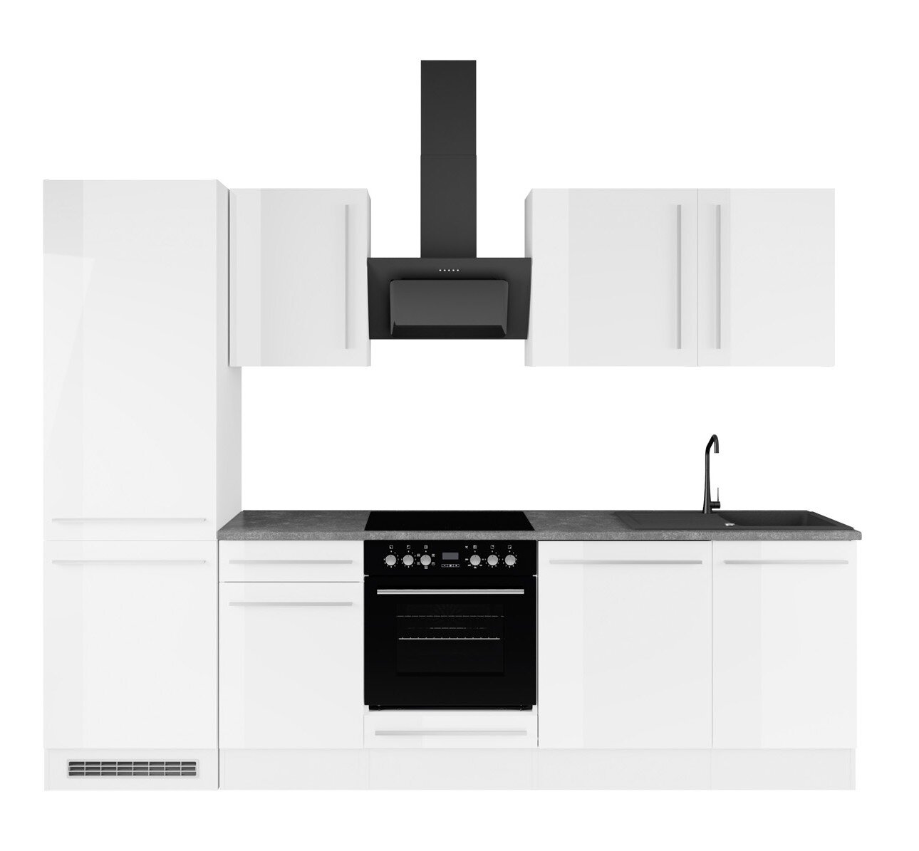 Yourkitchen Küchenblock 280 PREMIUM JAZZ Moderne Küchenzeile in Weiß mit grauer Arbeitsplatte, schwarzem Backofen und Kochfeld, schwarzer Wand-Dunstabzugshaube sowie Spüle mit schwarzer Armatur, Frontansicht.
