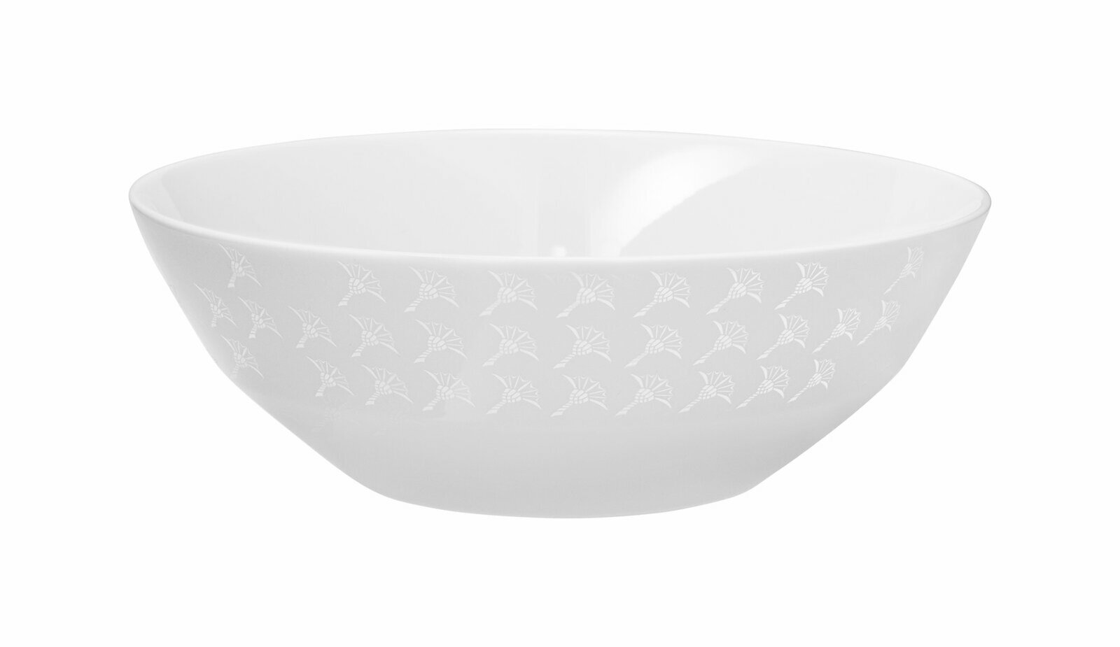 Weiße Schale mit dezentem Muster, seitliche Perspektive