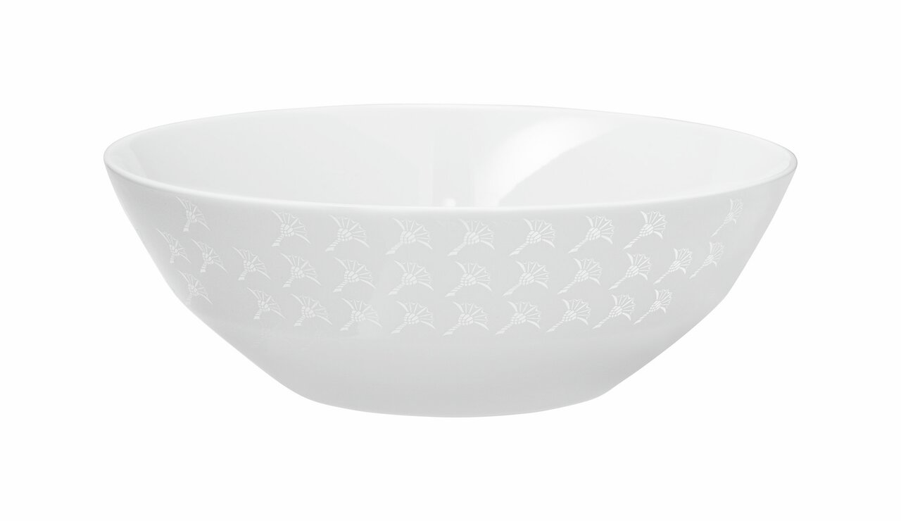 Weiße Schale mit dezentem Muster, seitliche Perspektive