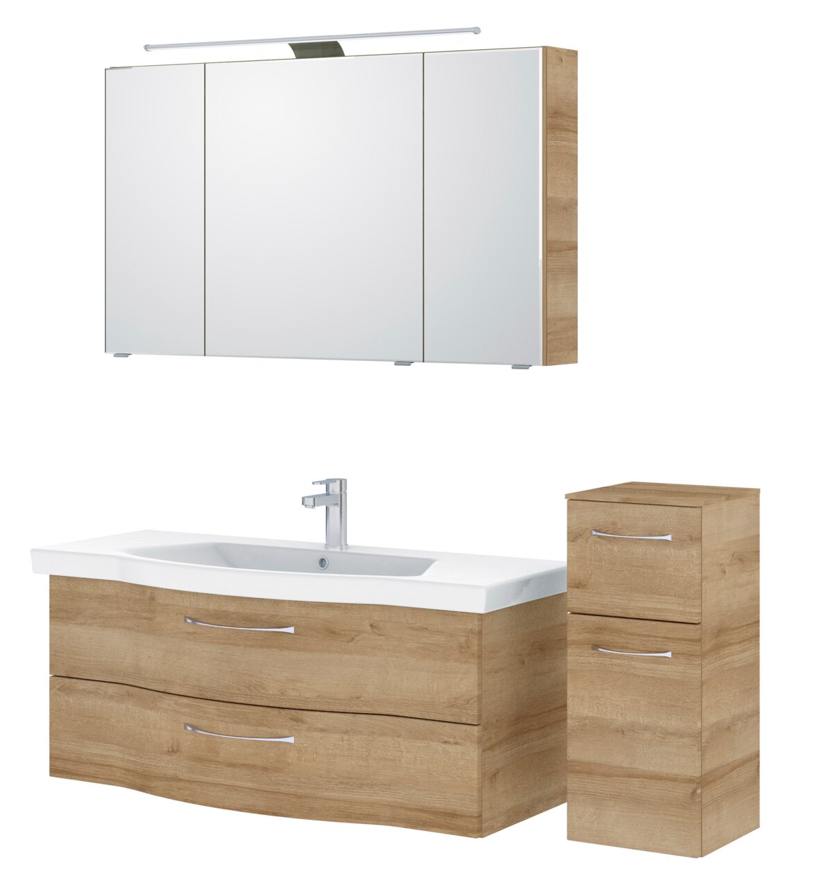 Badezimmermöbel-Set mit Spiegelschrank, Waschbeckenunterschrank und Hochschrank in Holzoptik, Frontalansicht