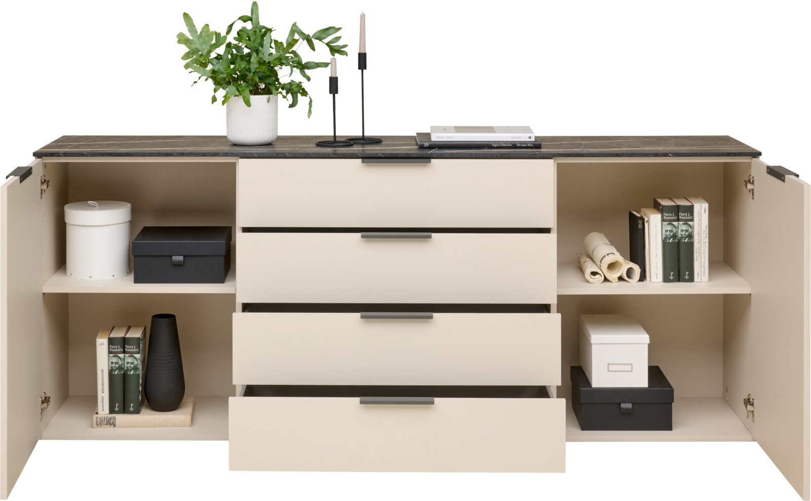 Modernes Sideboard mit offenen Schubladen und Türen, dekoriert mit Pflanzen und Büchern, Frontalansicht.