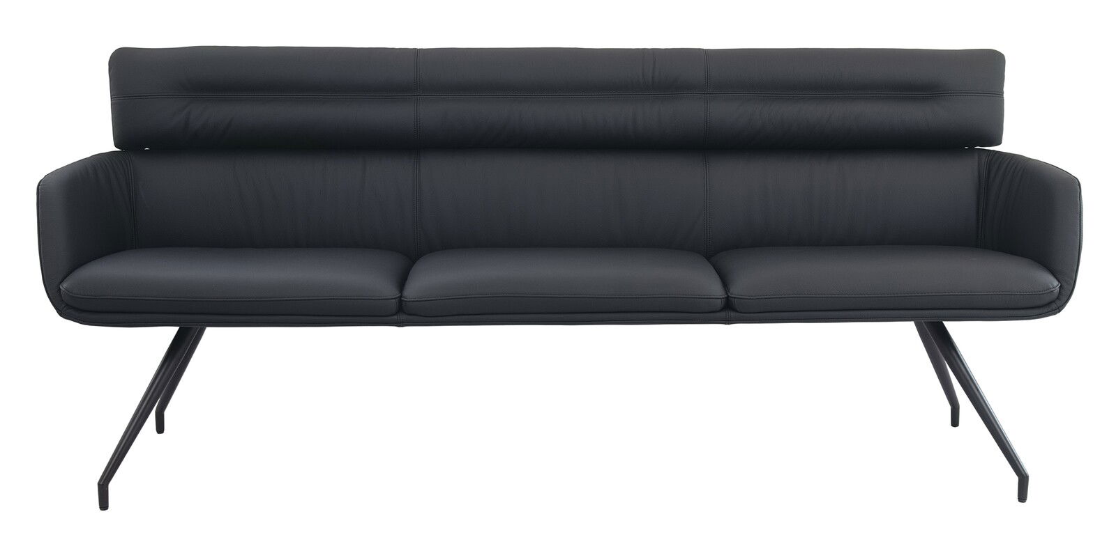 Moderne schwarze Sitzbank mit schlanken Metallbeinen, frontal abgebildet.