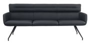 Moderne schwarze Sitzbank mit schlanken Metallbeinen, frontal abgebildet.