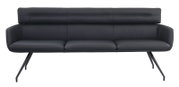 Moderne schwarze Sitzbank mit schlanken Metallbeinen, frontal abgebildet.