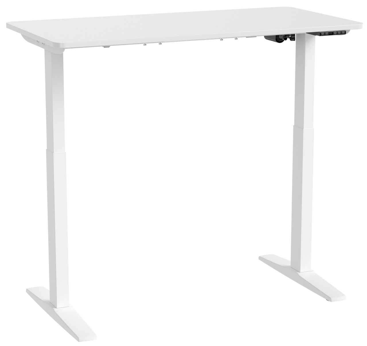 Weißer höhenverstellbarer E-Schreibtisch aus seitlicher Perspektive