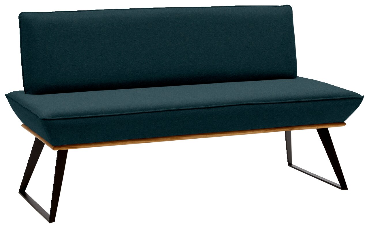 Moderne Bank mit dunkelgrünem Stoffbezug und schwarzen Metallbeinen, seitliche Perspektive