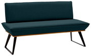 Moderne Bank mit dunkelgrünem Stoffbezug und schwarzen Metallbeinen, seitliche Perspektive