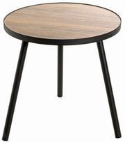 Runder Beistelltisch mit Holzplatte und schwarzen Metallbeinen, seitliche Perspektive