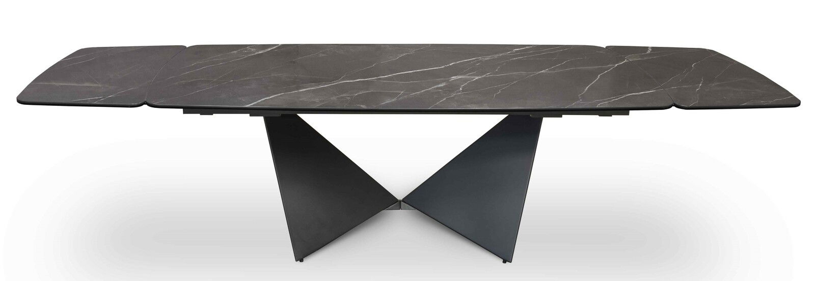 Moderner Esstisch mit dunkler Marmoroptik und geometrischem Metallgestell, Frontalansicht