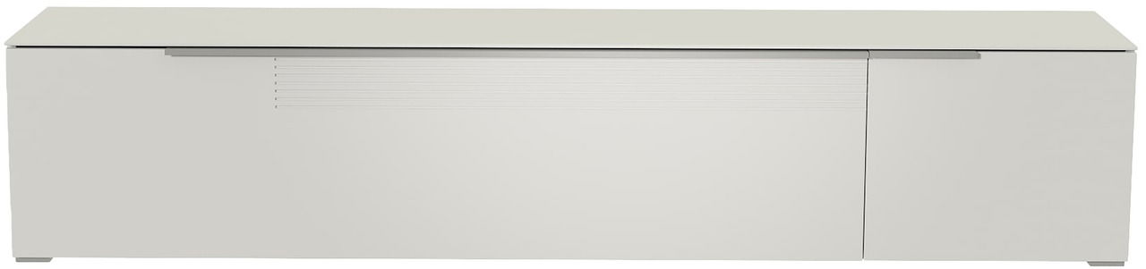 Frontansicht eines modernen, weißen XL TV-Lowboards mit glatter Oberfläche und minimalistischen Linien.