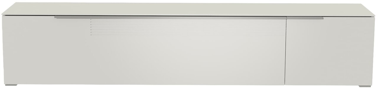 Frontansicht eines modernen, weißen XL TV-Lowboards mit glatter Oberfläche und minimalistischen Linien.