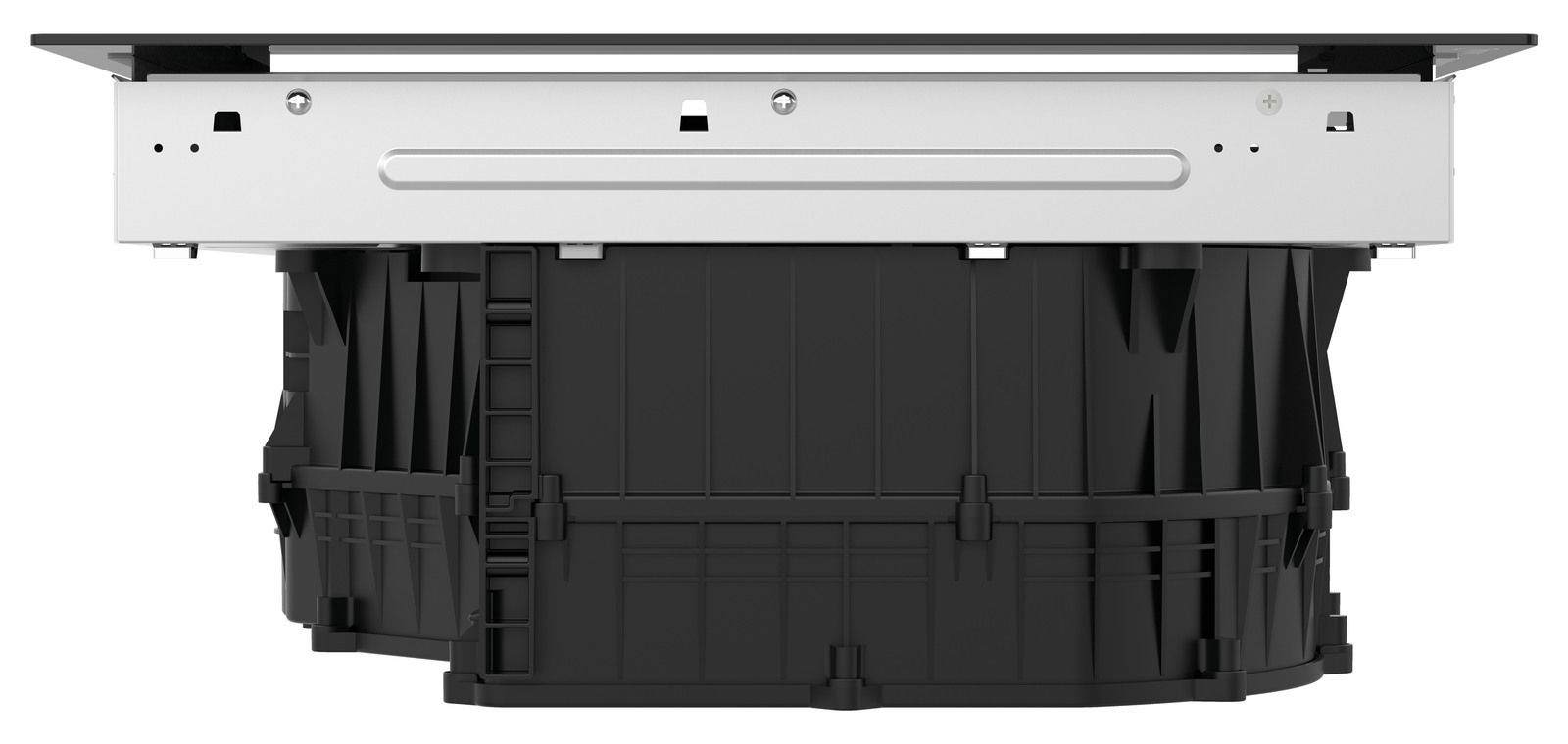 Seitenansicht eines Muldenlüfters mit schwarzem Gehäuse und silberner Oberseite.