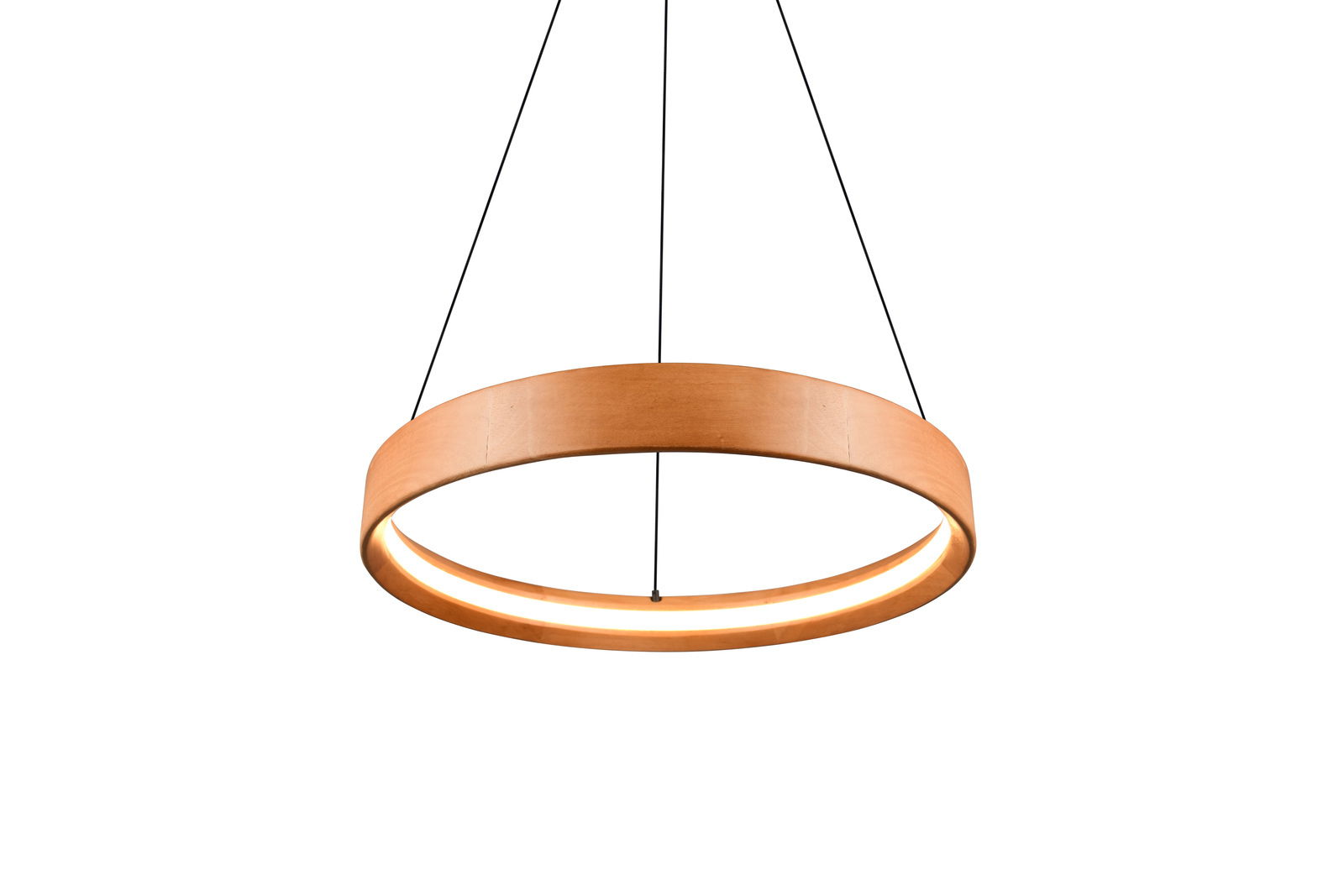Trio Leuchten Pendelleuchte LYNWOOD Moderne Pendelleuchte aus Holz in Ringform, von unten betrachtet, mit warmem Licht.