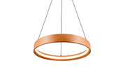 Moderne hanglamp van hout in de vorm van een ring, gezien van onderaf, met warm licht.